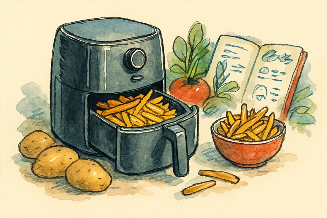 Croquis airfryer tiroir ouvert avec frites, bol de frites et pommes de terre