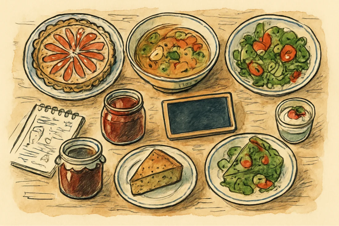 Croquis : tablée de plats variés (tarte, soupe, salade, cake, confitures, dessert) autour d une ardoise et d un carnet