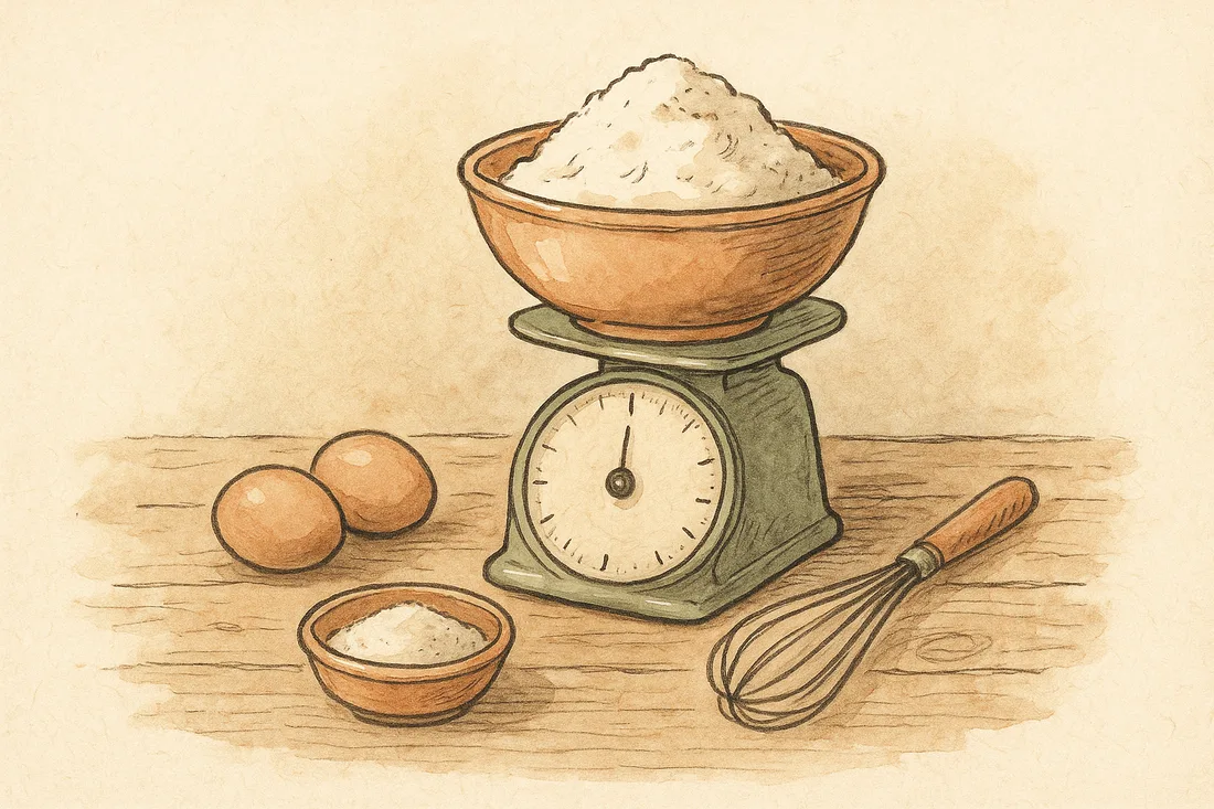 Balance de cuisine avec un bol de farine, des œufs et un fouet, scène de pâtisserie, croquis aquarelle