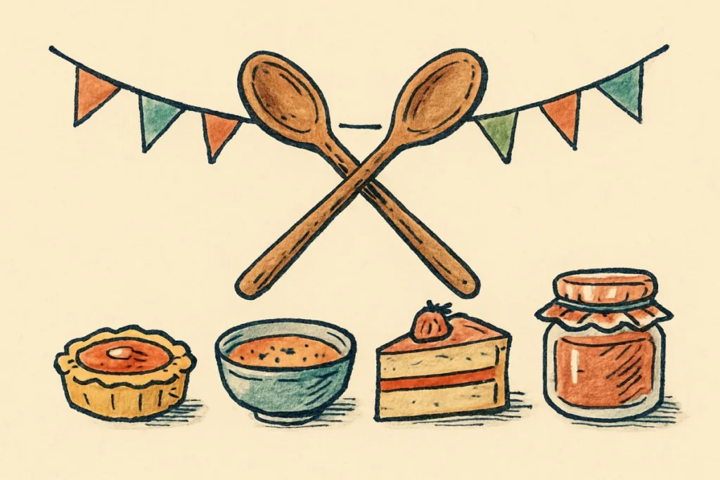 Croquis à l encre et aquarelle : deux cuillères en bois croisées au-dessus de petits plats variés, fanions de fête