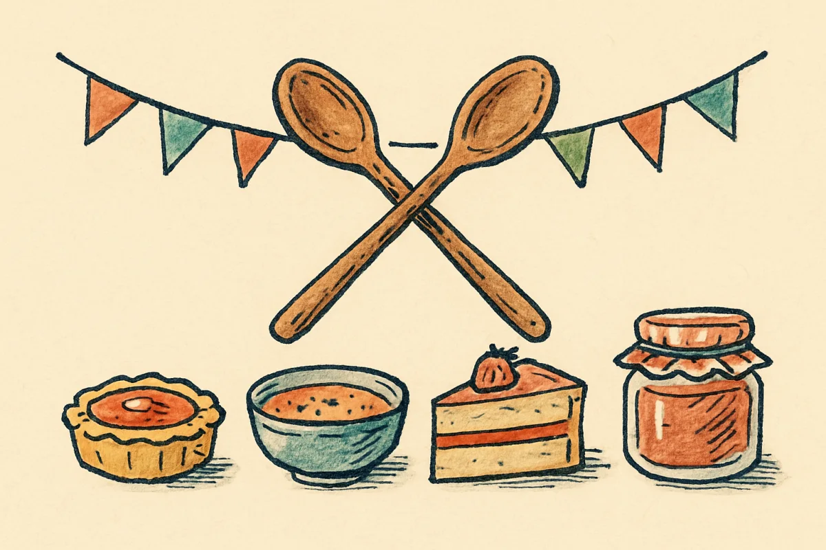 Croquis à l encre et aquarelle : deux cuillères en bois croisées au-dessus de petits plats variés, fanions de fête