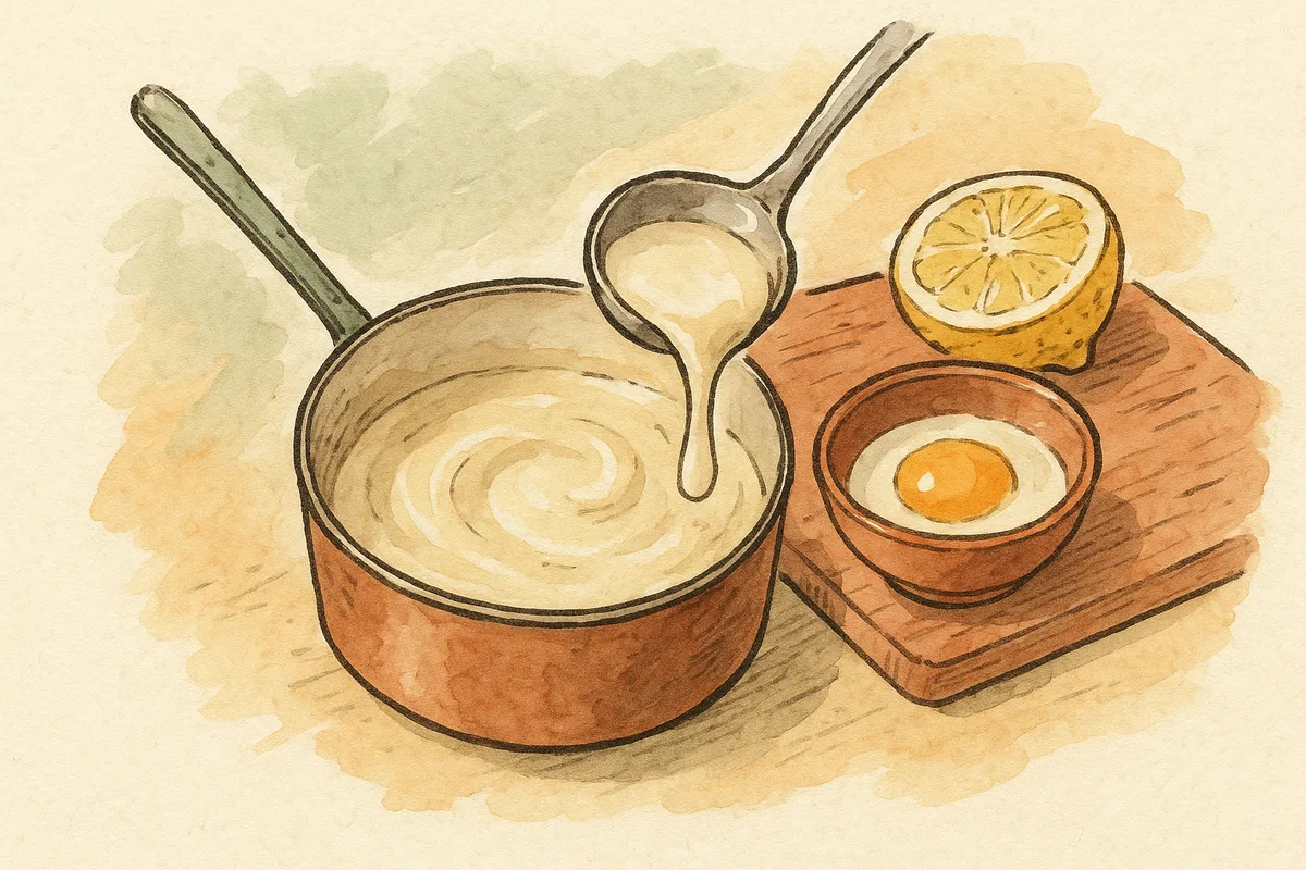 Liaison de la sauce blanche de blanquette au jaune d'œuf, crème et citron, louche et croquis aquarelle