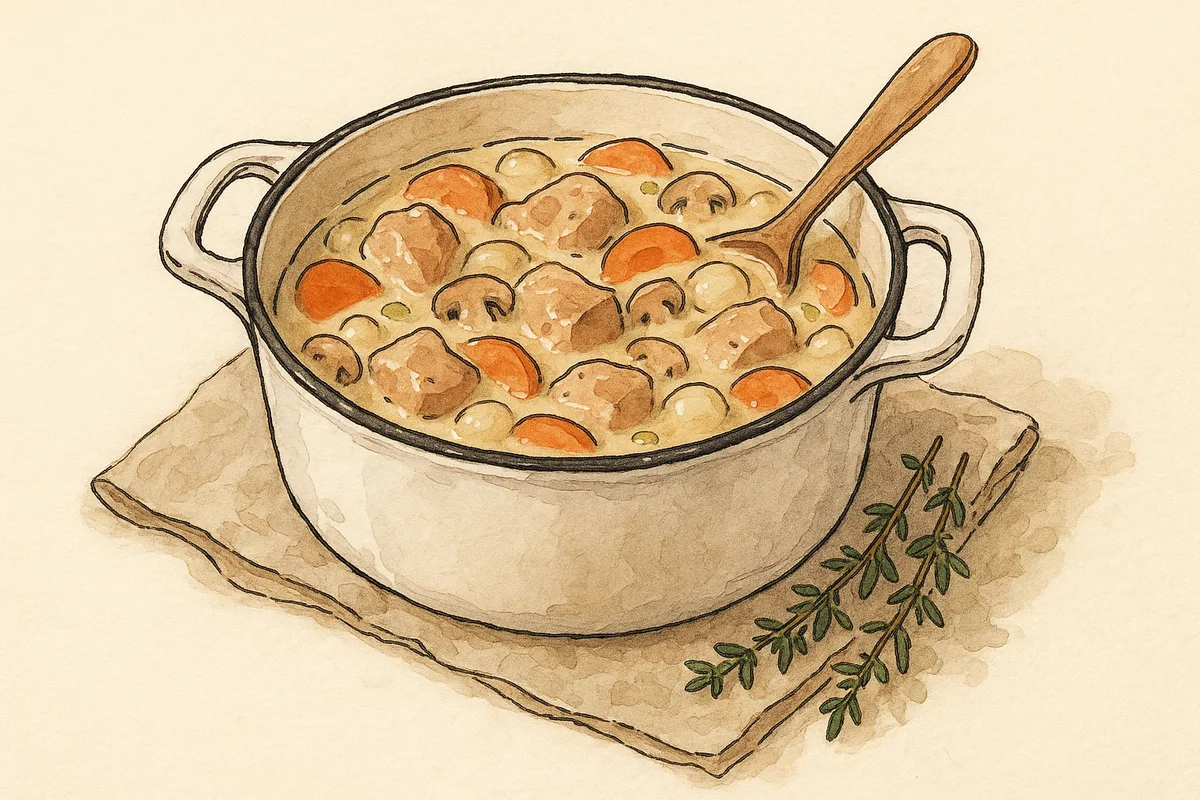 Blanquette de veau crémeuse dans une cocotte blanche, avec carottes, champignons et petits oignons, croquis aquarelle