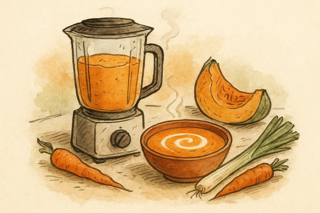 Blender chauffant avec un velouté orange, un bol de soupe, potimarron, poireau et carottes, croquis aquarelle