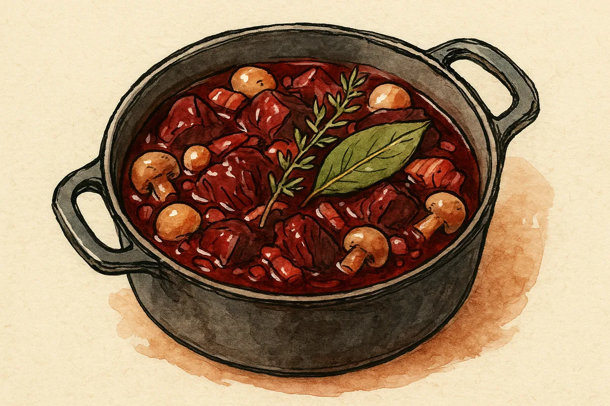 Bœuf bourguignon mijoté dans une cocotte en fonte, sauce au vin rouge, champignons et thym, croquis aquarelle