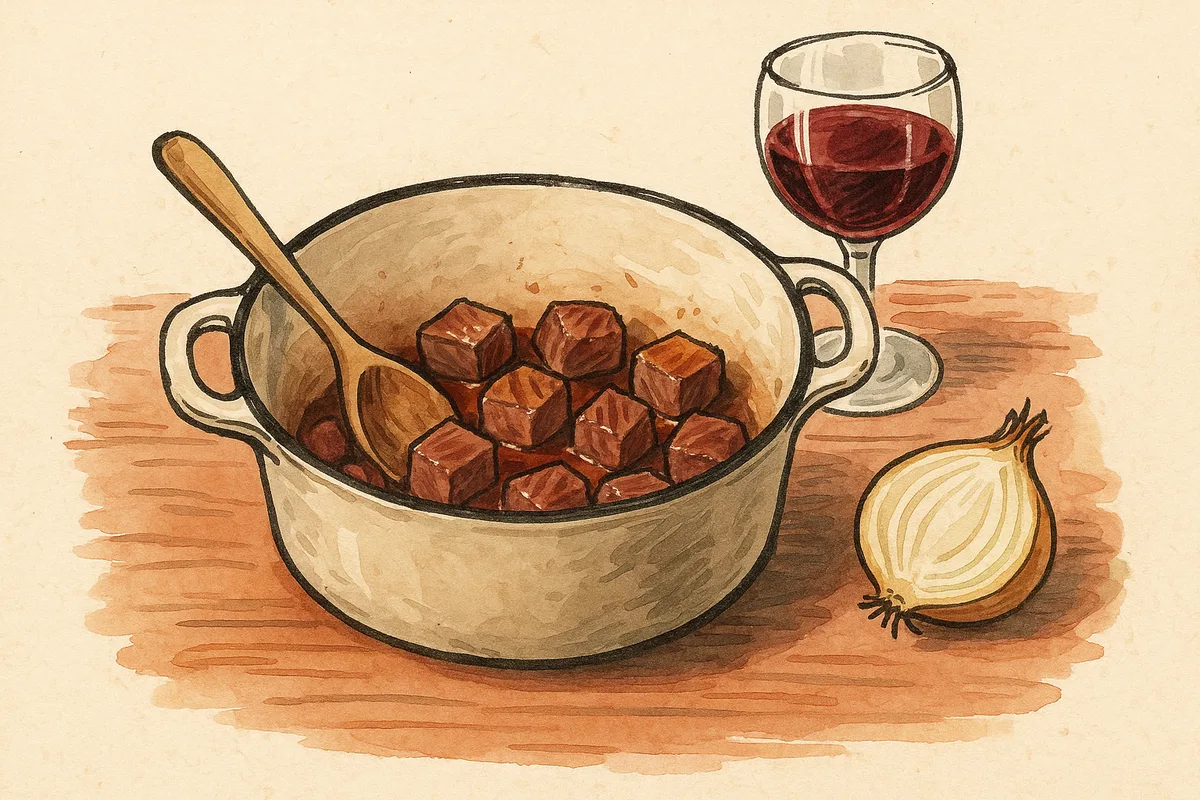 Cubes de bœuf en train de saisir et dorer dans une cocotte, verre de vin rouge à côté, croquis aquarelle