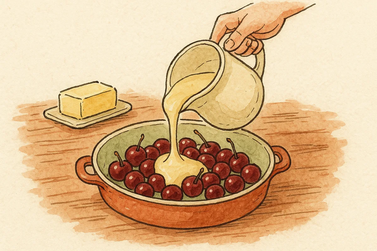 Appareil à flan versé d'un pichet sur des cerises rangées dans un plat beurré, croquis aquarelle