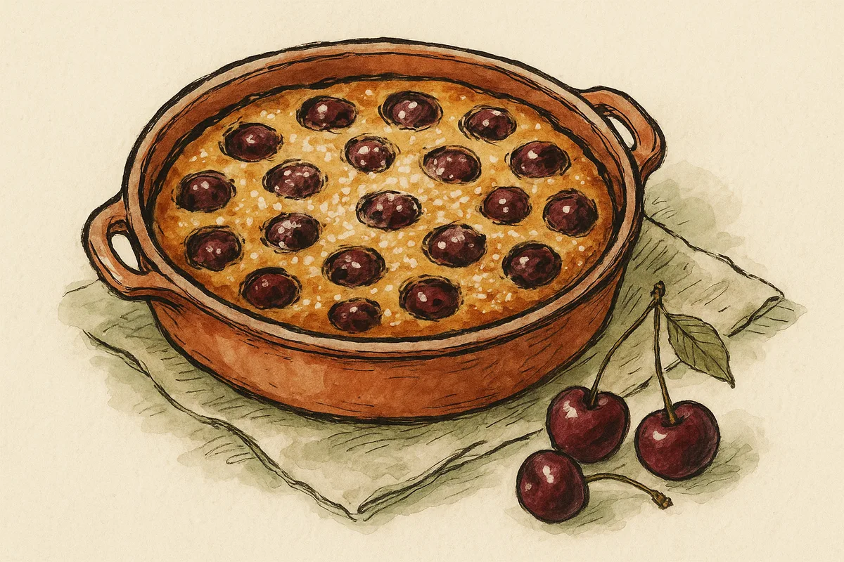 Clafoutis aux cerises doré dans un plat en terre cuite, saupoudré de sucre glace, cerises à côté, croquis aquarelle