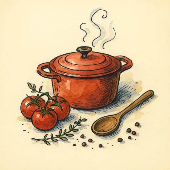 Croquis à l encre et aquarelle : cocotte en fonte fumante, tomates en grappe, thym et cuillère en bois