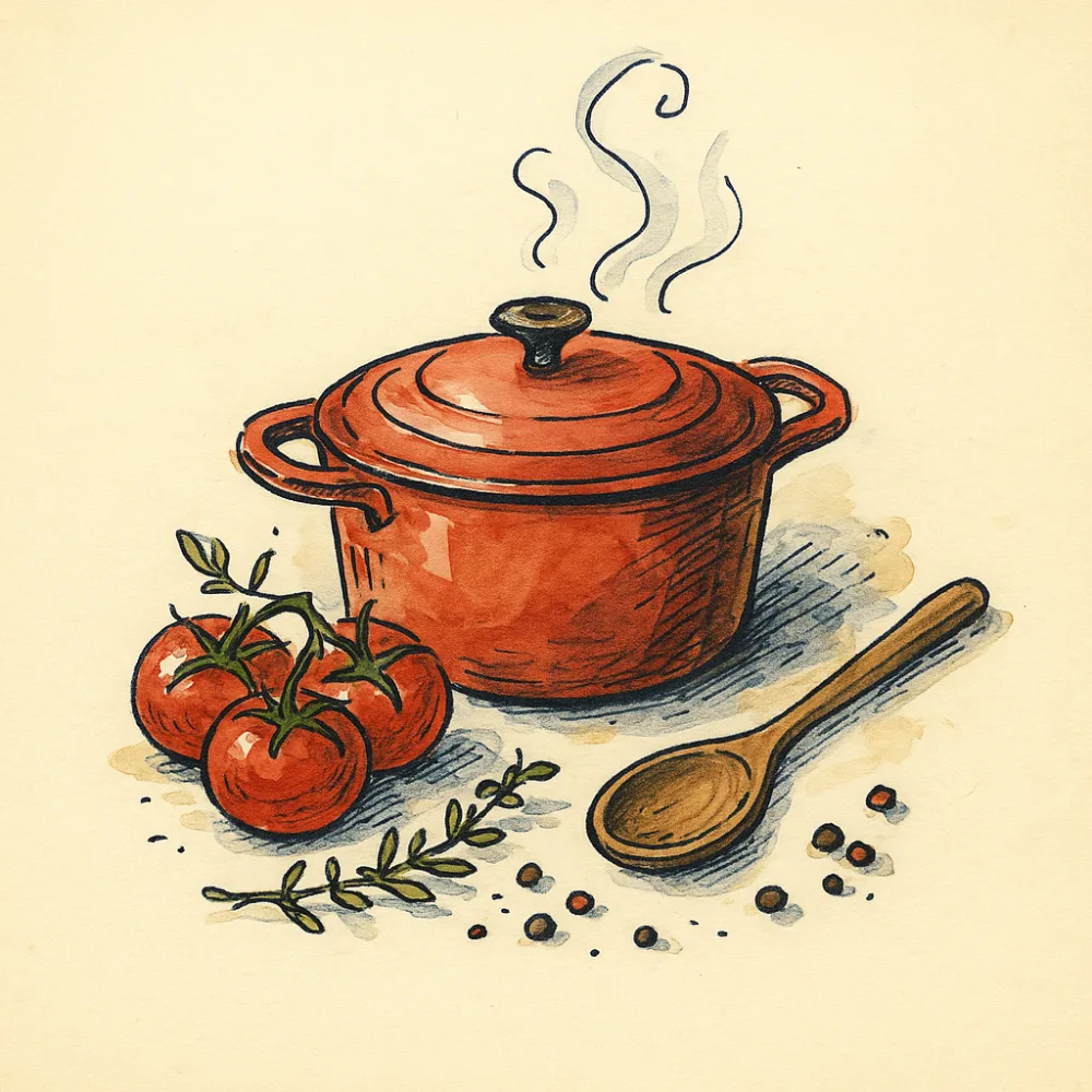 Croquis à l encre et aquarelle : cocotte en fonte fumante, tomates en grappe, thym et cuillère en bois
