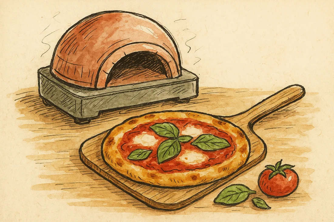 Four à pizza avec une pizza margherita dorée sur une pelle en bois, basilic et tomate, croquis aquarelle
