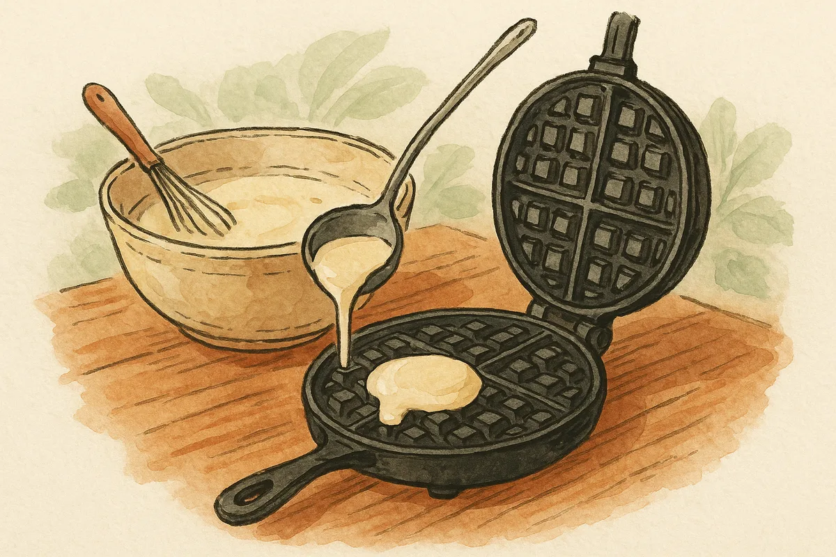 Pâte à gaufres versée à la louche dans un gaufrier chaud, bol de pâte à côté, croquis aquarelle