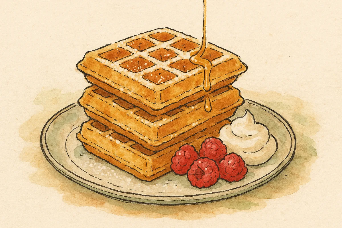 Pile de gaufres maison dorées et croustillantes avec du miel, des framboises et de la chantilly, croquis aquarelle