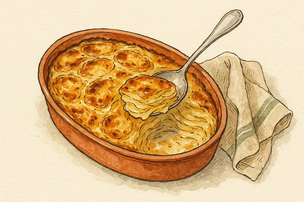 Gratin dauphinois doré dans un plat ovale en terre cuite, pommes de terre fondantes à la crème, croquis aquarelle