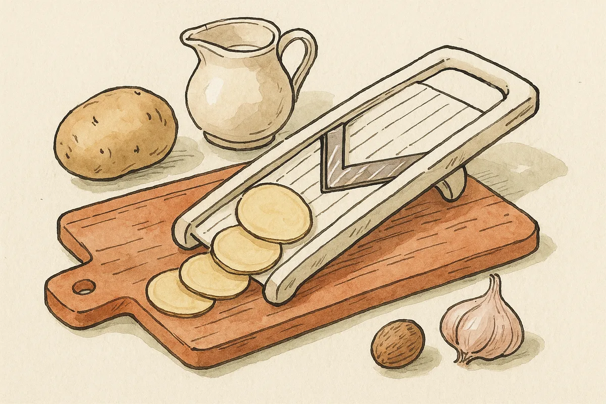 Pommes de terre tranchées finement à la mandoline sur une planche, crème, ail et muscade, croquis aquarelle