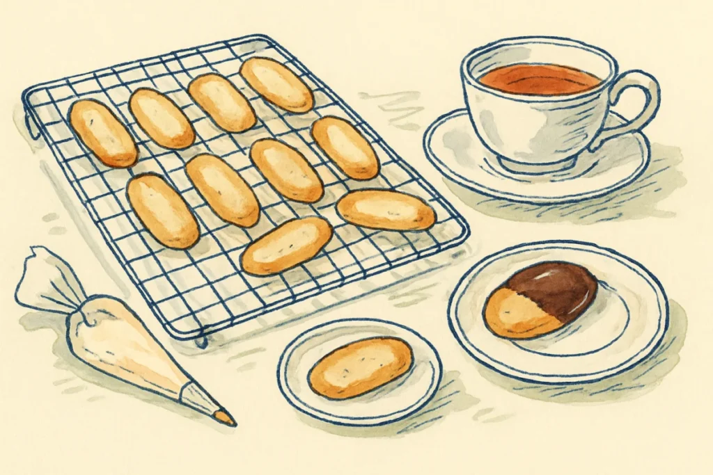 Croquis à l encre et aquarelle : langues de chat dorées sur grille, poche à douille, biscuit trempé au chocolat et tasse de thé