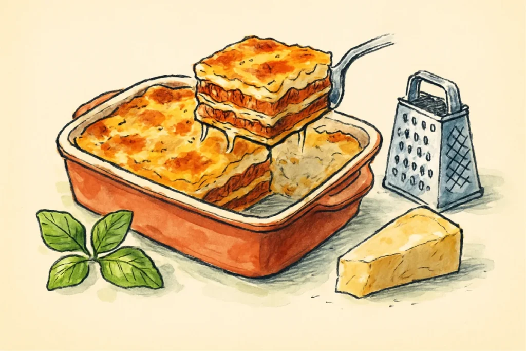 Croquis à l encre et aquarelle : plat de lasagnes gratinées, part soulevée aux couches visibles, basilic, parmesan et râpe