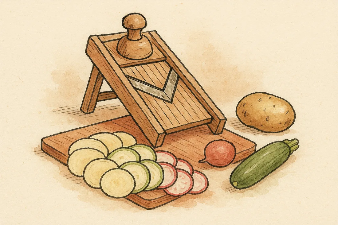 Mandoline de cuisine et éventail de fines tranches de légumes sur une planche, croquis aquarelle