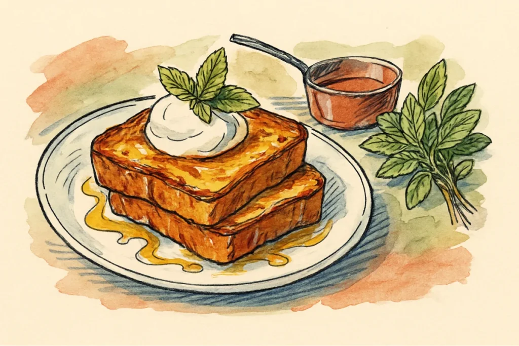 Croquis à l encre et aquarelle : deux tranches de pain perdu dorées, quenelle de chantilly et feuilles de menthe, casserole de caramel