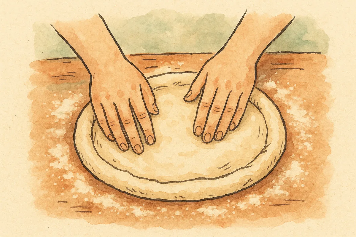 Deux mains étalant un pâton de pizza à la main sur un plan fariné, croquis aquarelle
