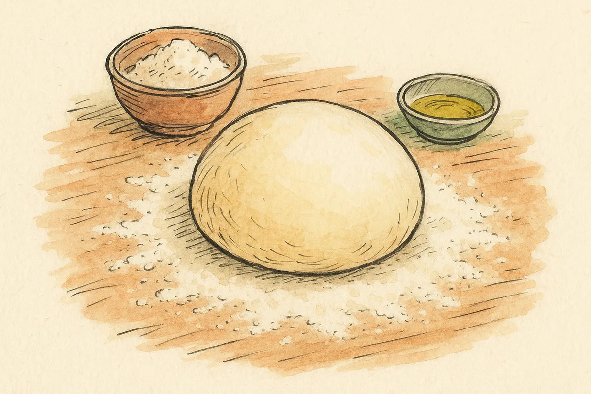 Pâton de pâte à pizza lisse sur un plan fariné, bol de farine et huile d'olive, croquis aquarelle