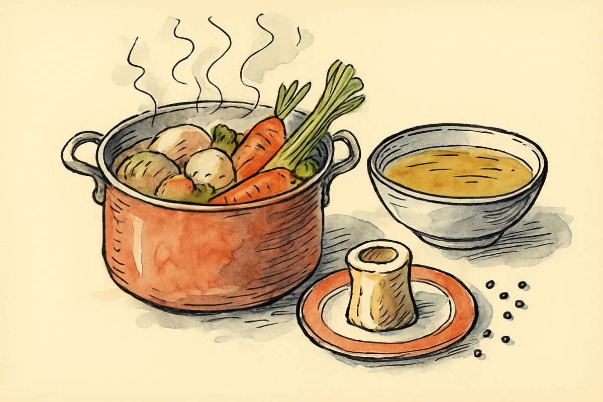 Croquis à l encre et aquarelle : marmite de pot-au-feu fumante avec carottes poireaux et navets, bol de bouillon et os à moelle