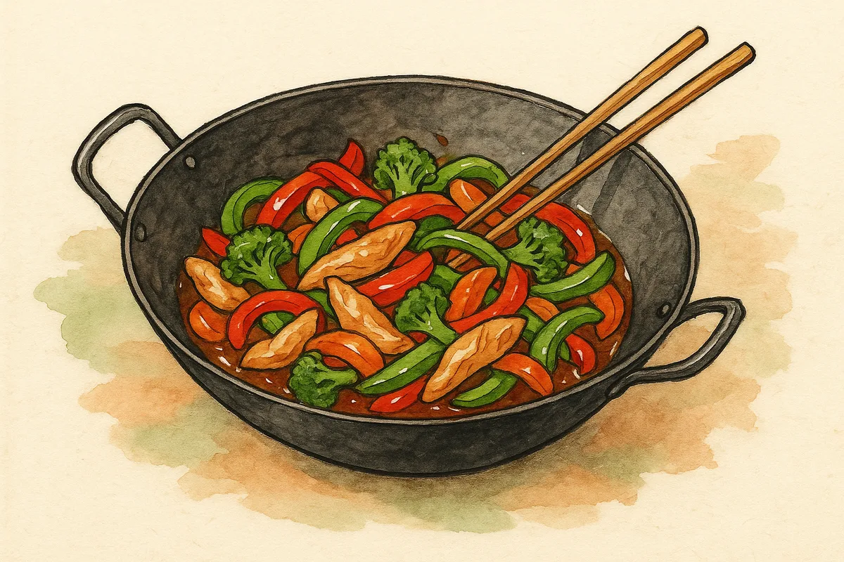 Poulet sauté au wok avec poivrons, brocoli et carottes dans un wok en acier, croquis aquarelle