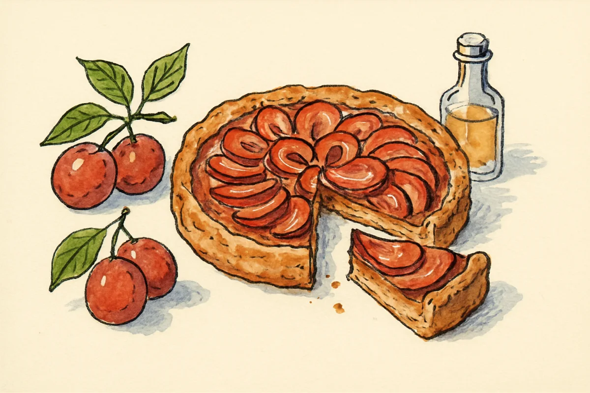 Croquis à l encre et aquarelle : tarte ronde aux prunes rouges en rosace, part coupée, prunes fraîches et flacon de fleur d oranger