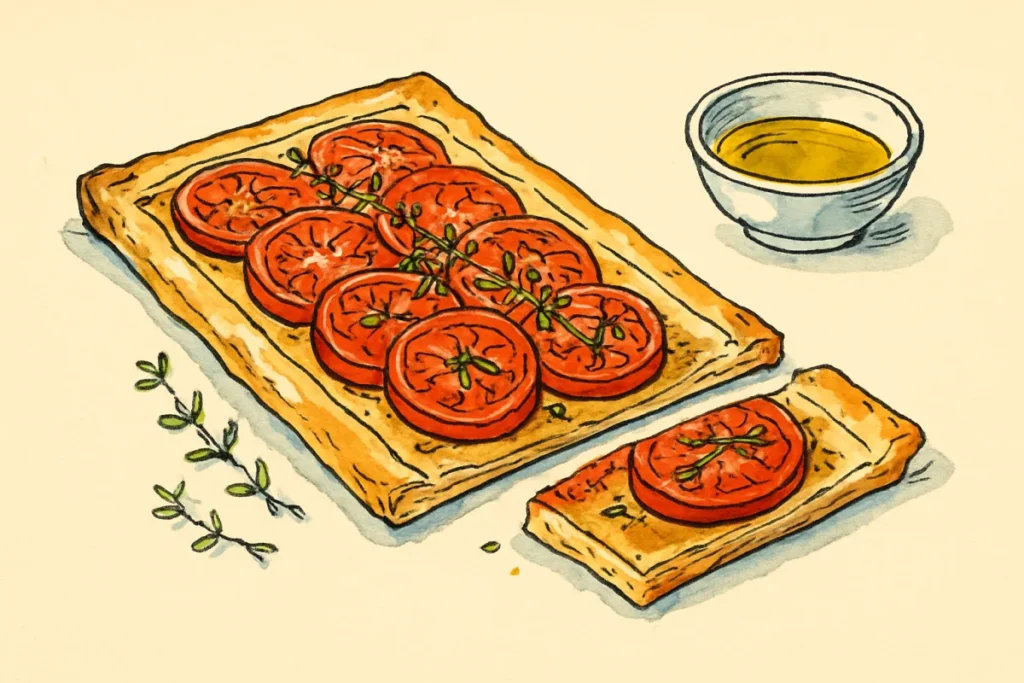 Croquis à l encre et aquarelle : tarte fine rectangulaire aux tranches de tomates confites, brin de thym et bol d huile d olive