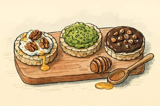 Croquis à l encre et aquarelle : trois galettes de maïs soufflé garnies chèvre-noix, avocat et chocolat-noisettes sur planche en bois
