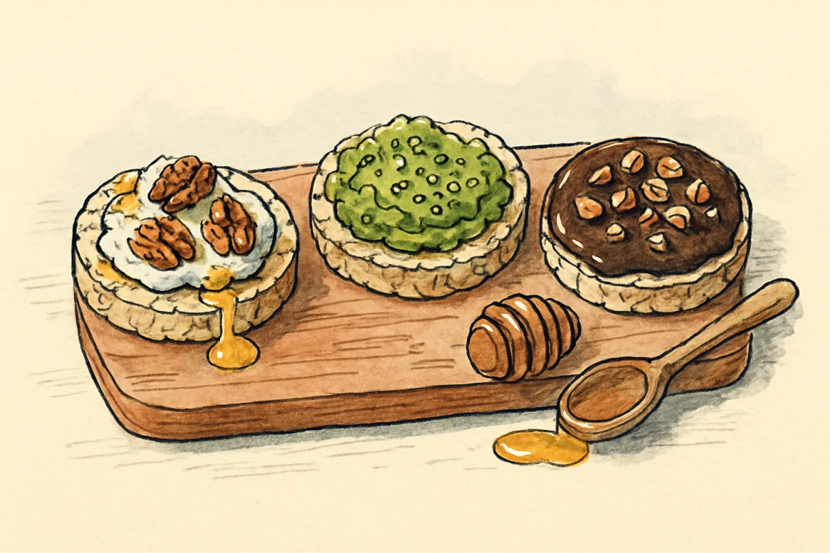 Croquis à l encre et aquarelle : trois galettes de maïs soufflé garnies chèvre-noix, avocat et chocolat-noisettes sur planche en bois