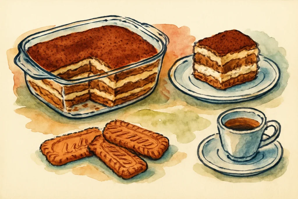 Croquis à l encre et aquarelle : plat de tiramisu aux spéculoos en couches, part servie, biscuits et tasse d expresso