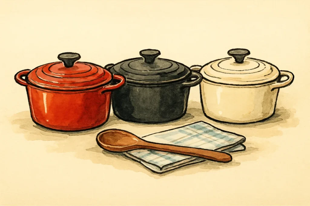 Croquis à l encre et aquarelle : trois cocottes en fonte émaillée rouge noire et crème, cuillère en bois et torchon