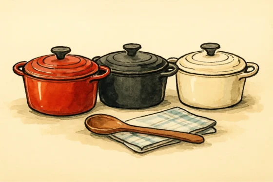 Croquis à l encre et aquarelle : trois cocottes en fonte émaillée rouge noire et crème, cuillère en bois et torchon