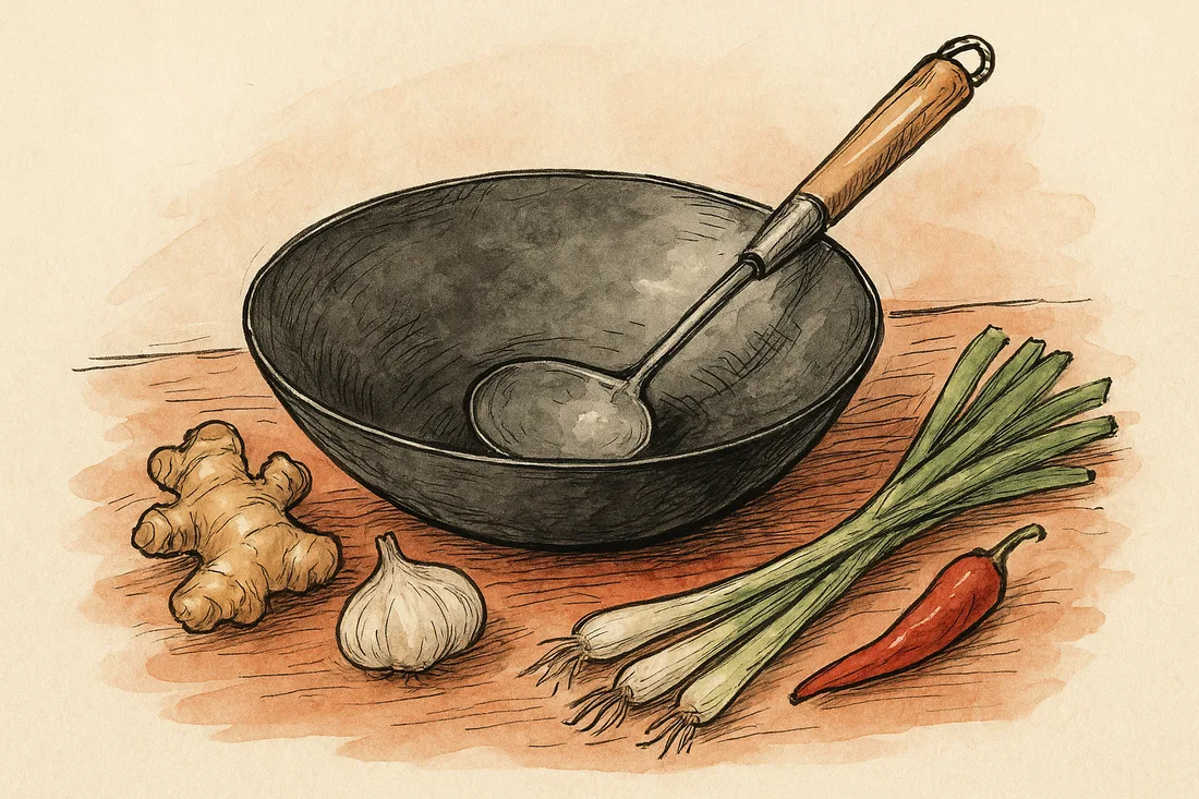 Wok en acier carbone avec sa louche, gingembre, ail et cébettes autour, croquis aquarelle