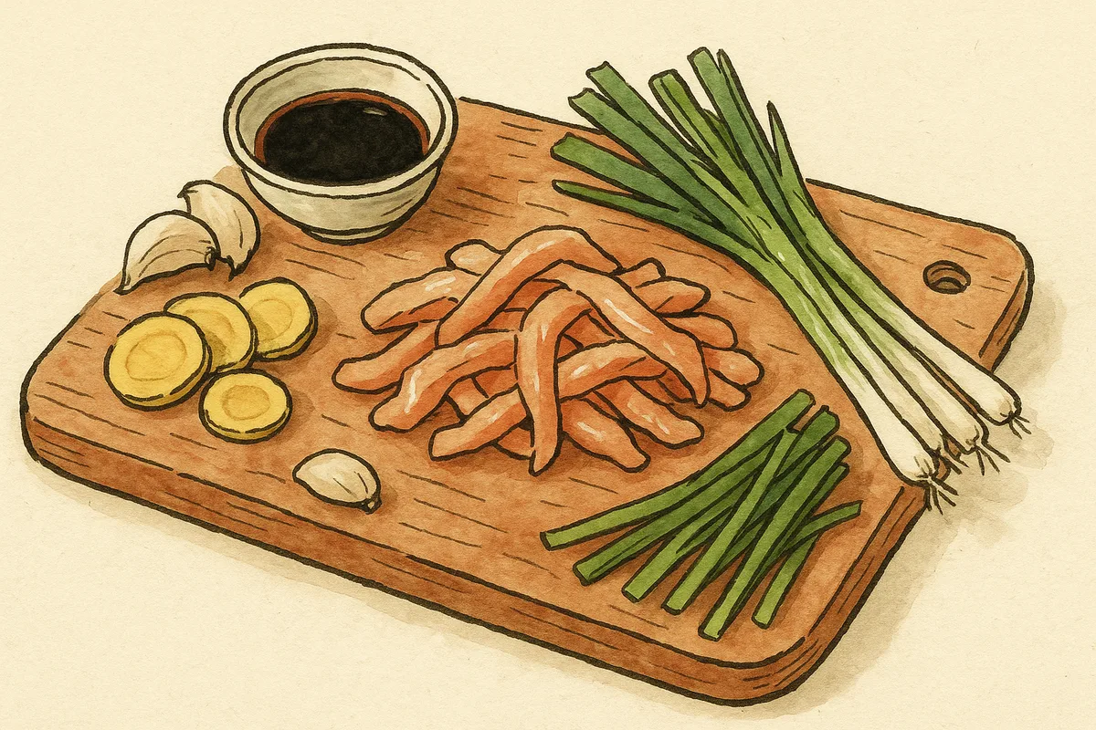 Mise en place pour le wok : lanières de poulet, gingembre, ail, cébettes et sauce soja sur une planche, croquis aquarelle