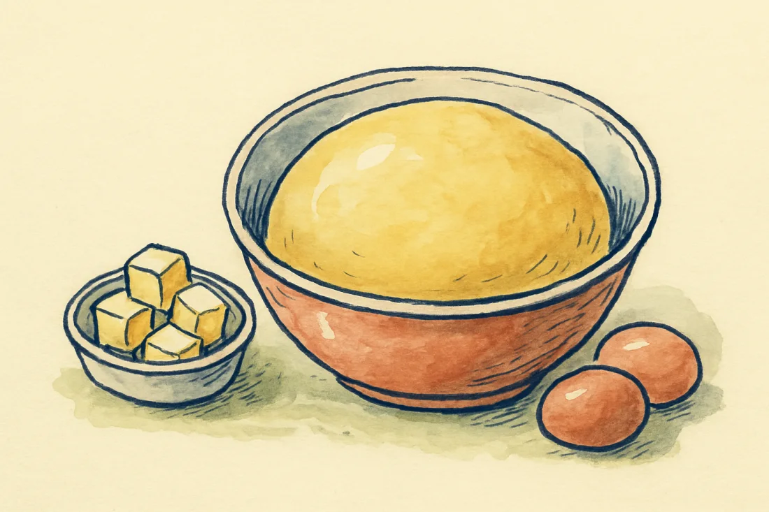Croquis : boule de pâte à brioche lisse dans un saladier, ramequin de dés de beurre et œufs à côté
