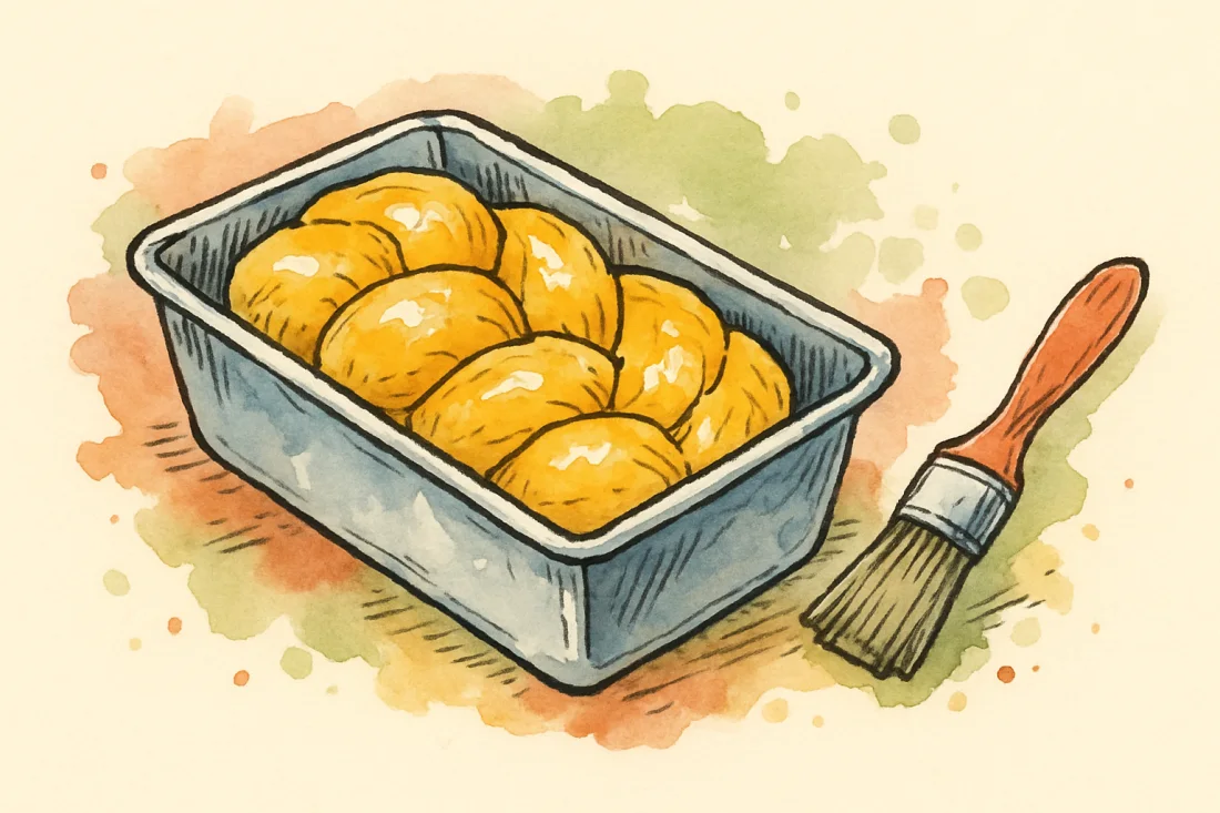 Croquis : brioche tressée dans un moule à cake, dorée à l'œuf, pinceau à côté
