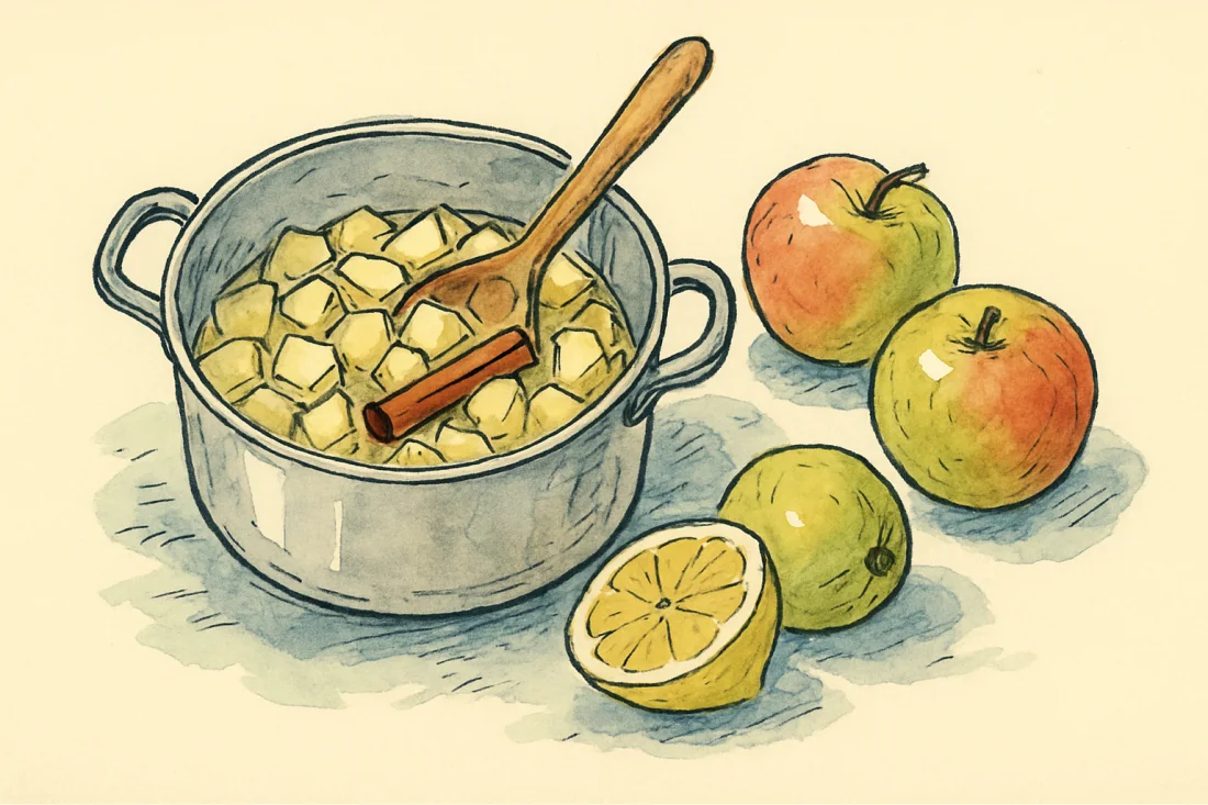 Croquis : casserole avec dés de pommes qui cuisent dans un peu d'eau avec un bâton de cannelle, citron et pommes à côté