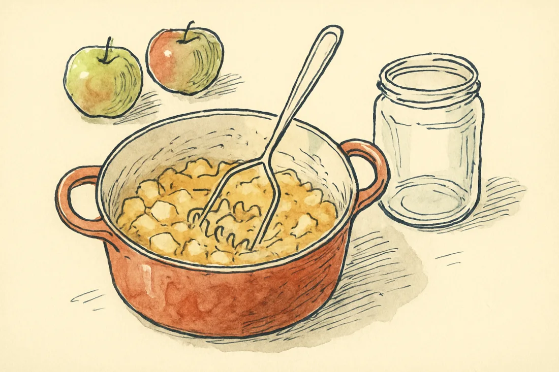 Croquis : casserole de pommes cuites écrasées au presse-purée en compote, bocal vide à côté