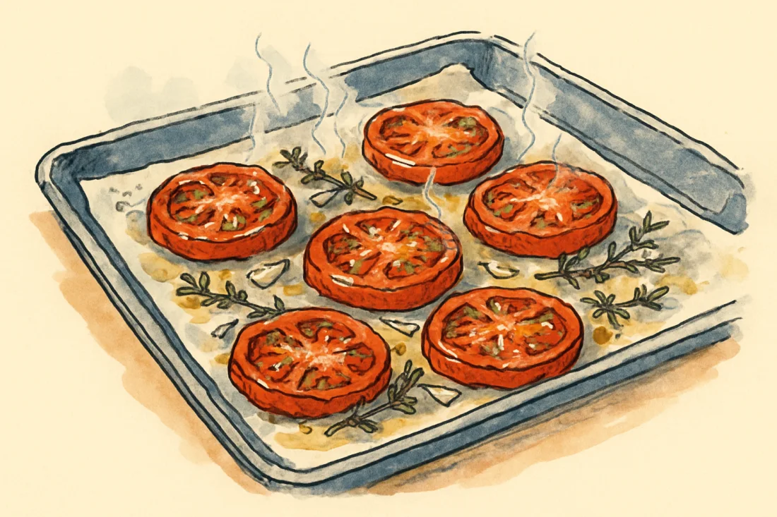 Croquis : plaque de tranches de tomates confites au four avec thym et ail, légèrement fumantes