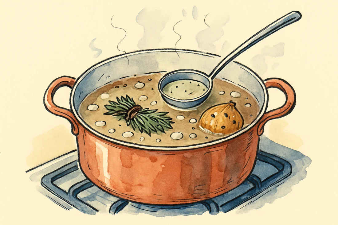 Croquis : marmite de pot-au-feu sur le feu, louche qui écume la surface, bouquet garni et oignon clouté