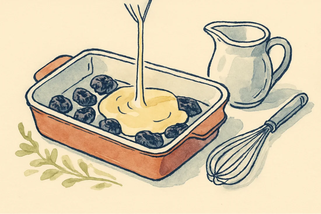 Croquis : plat rectangulaire avec pruneaux, pâte à flan pâle versée dessus, fouet et pichet de lait à côté