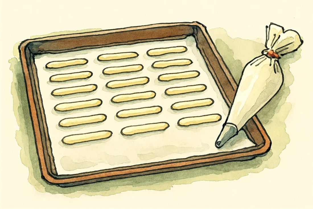 Croquis : plaque de cuisson avec bâtonnets de pâte pochés en rangées espacées, poche à douille lisse à côté