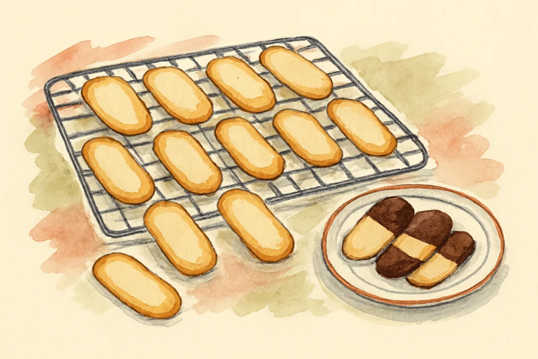 Croquis : langues de chat dorées sur les bords refroidissant sur une grille, quelques biscuits trempés au chocolat sur une assiette