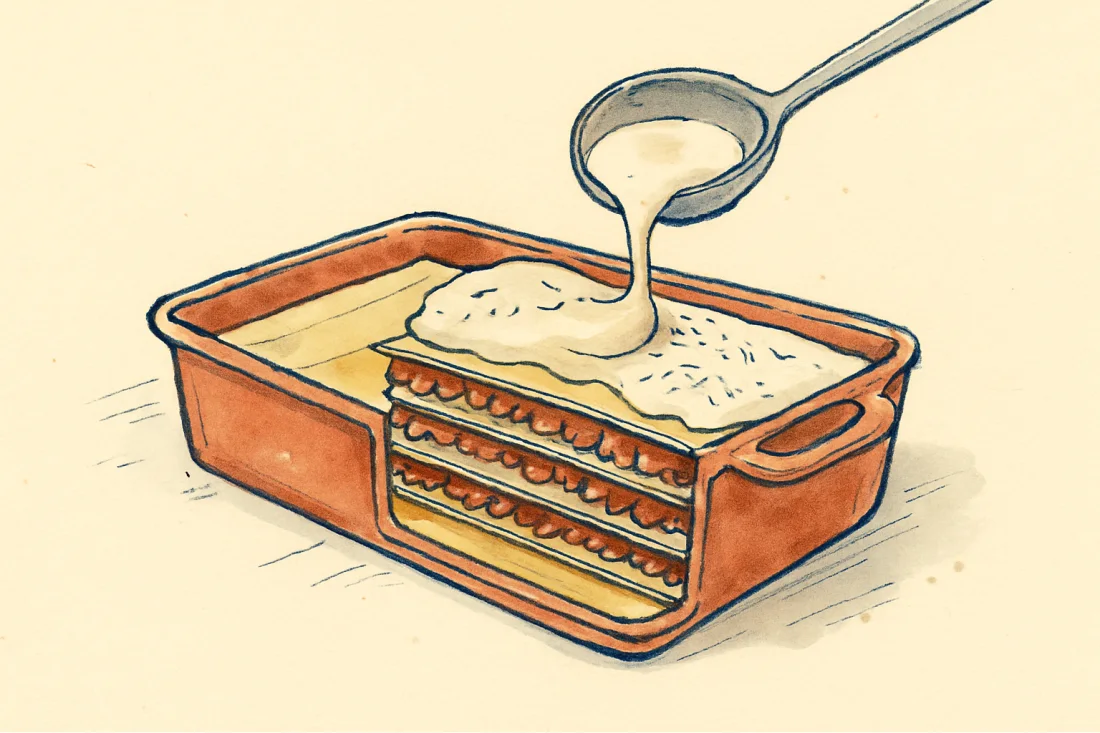 Croquis : plat de lasagnes en cours de montage, couches de pâte, ragù et béchamel versée à la louche
