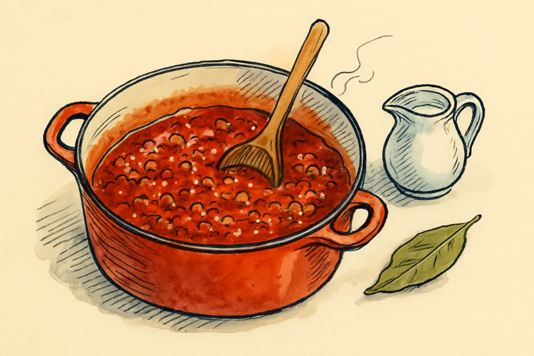 Croquis : ragù à la viande épais qui mijote dans une cocotte, cuillère plantée dedans, pichet de lait et feuille de laurier
