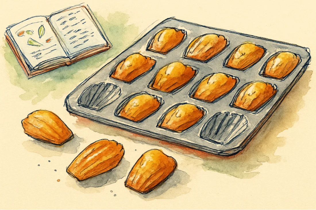 Croquis : madeleines dorées dans leur moule coquille, chacune avec une bosse, quelques-unes démoulées