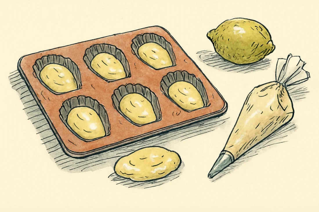 Croquis : moule à madeleines aux alvéoles remplies de pâte pâle, citron et poche à douille à côté