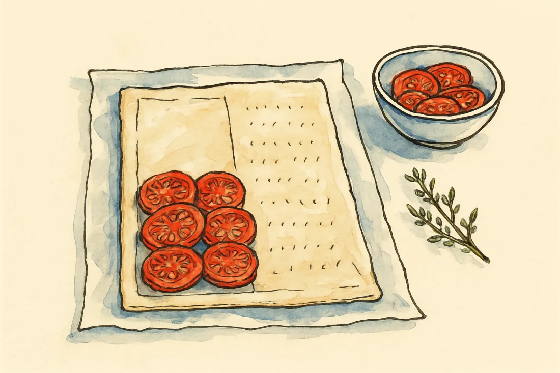 Croquis : pâte feuilletée piquée à la fourchette, à moitié recouverte de tomates confites, bol de tomates et thym à côté